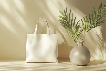 Minimalist white tote bag with natural light and a vase with palm leaves