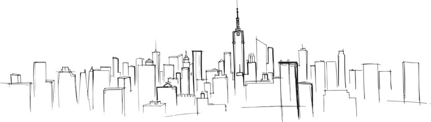 Obraz premium City landscape. Line urban backdrop, different buildings on street, doodle street draw, outline cityscape hand sketch, flat houses. Hand drawn vector illustration