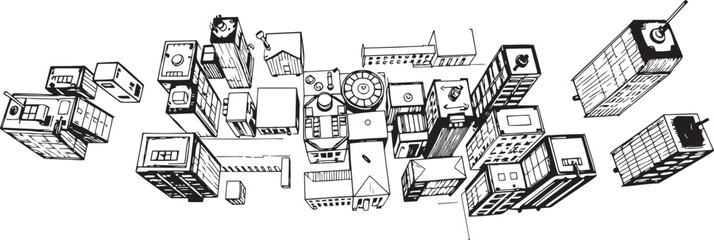 Obraz premium City landscape. Line urban backdrop, different buildings on street, doodle street draw, outline cityscape hand sketch, flat houses. Hand drawn vector illustration