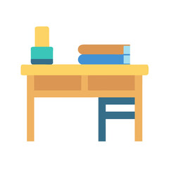 Flat illustration of wooden desk with books and bottle