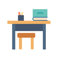 Stylized desk with books and stool in flat vector