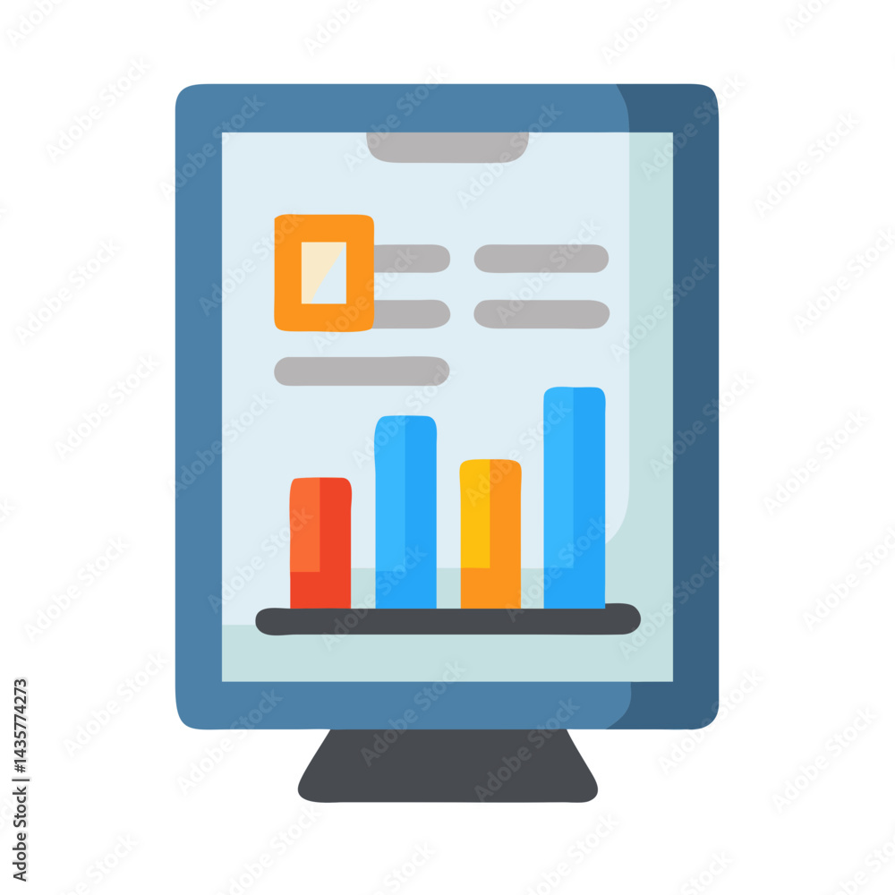 Poster digital display showing a bar graph and document icon