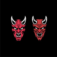 Angry devil faces with red horns illustration
