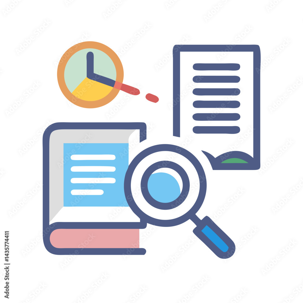 Poster analyzing data with a magnifying glass, book and charts