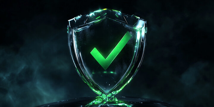 Glass shield with green checkmark, dark background, symbolizes security, protection, approval, success, safety, and digital security