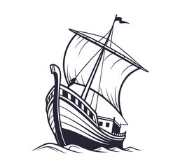 Silhouette of a  90s Old ship, vintage black and white, white background, minimal details vector illustration.