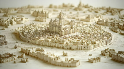Intricate miniature city model showcasing a walled city centered around a large cathedral with a tall tower  Surroundi