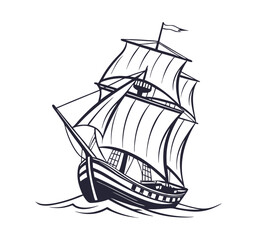 Silhouette of a  90s Old ship, vintage black and white, white background, minimal details vector illustration.	