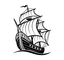 Silhouette of a  90s Old ship, vintage black and white, white background, minimal details vector illustration.