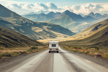 Holiday trip on large family motorhome for holiday in beautiful natural nature, abstract vivid composition consists of fictional unreal fantastic vision on background