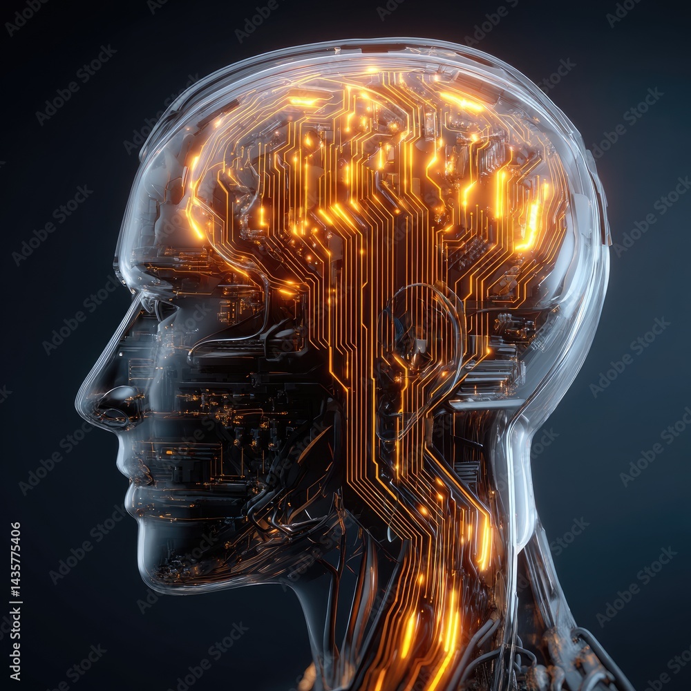 Poster translucent robotic head showcases intricate circuit pathways.