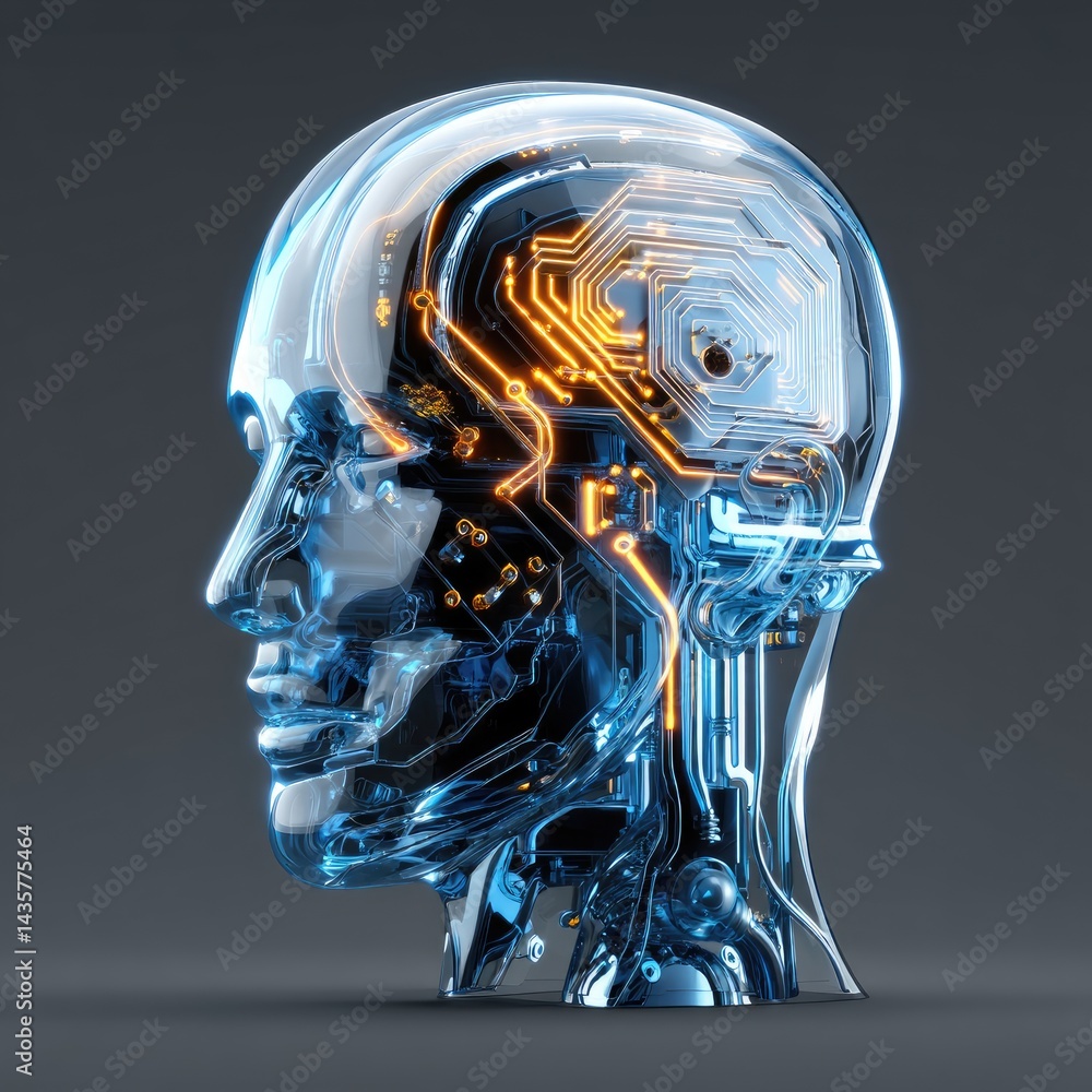 Poster translucent robotic head showcasing intricate internal circuitry.
