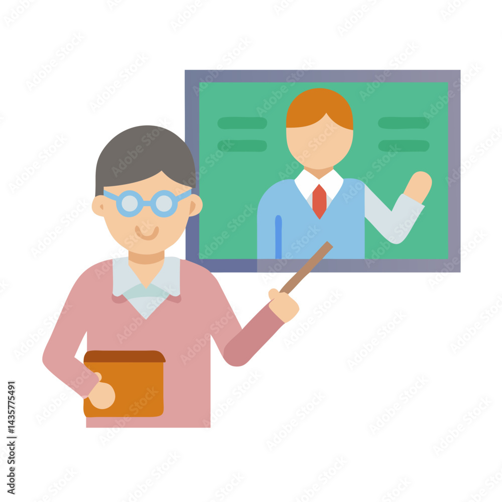 Poster teacher explaining with pointer and illustration on the board