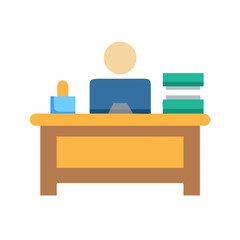 Desk and worker illustration in cartoon style on black