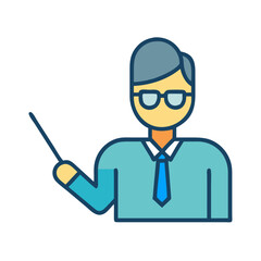 Cartoon teacher figure with pointer on a black background