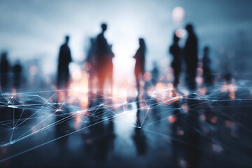 Blurred silhouettes of people over a network connection, symbolizing global communication and networking, ideal for technology or business concepts
