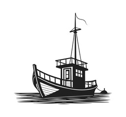 Silhouette of a  90s Old ship, vintage black and white, white background, minimal details vector illustration.