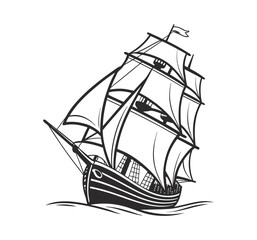 Silhouette of a  90s Old ship, vintage black and white, white background, minimal details vector illustration.