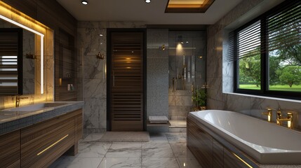 Luxurious modern bathroom interior with view, featuring a soaking tub, shower, and marble accents