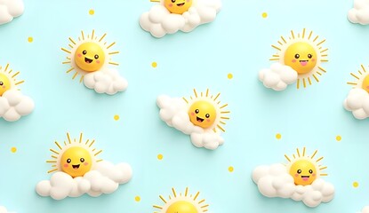 Happy Clouds and Radiating Suns in a Seamless Blue Background Pattern
