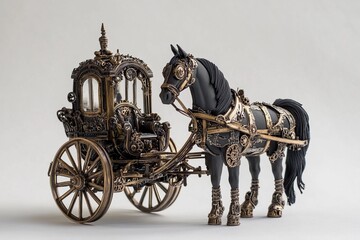 Naklejka premium Intricate steampunk horse-drawn carriage showcasing unique mechanical design and vintage aesthetics in a dimly lit environment