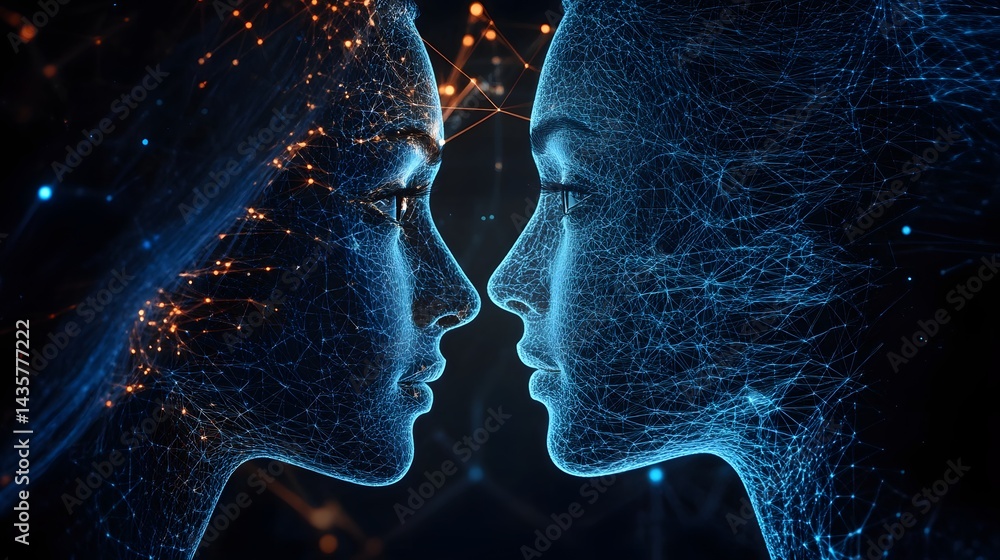 Poster two women's faces are shown in a blue and orange color scheme. the faces are connected by a line, an