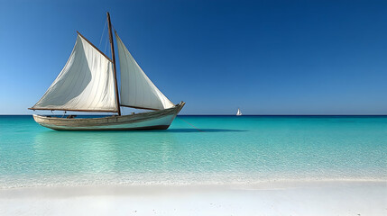 Fototapeta premium Tranquil sailboat at anchor in shallow turquoise water near a pristine white sand beach another sailboat visible in th