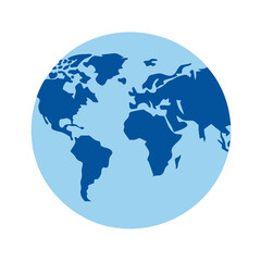 Stylized world globe with blue continents and light-blue oceans