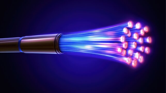 Concept of data transmission with glowing fiber optic cables and digital pulses moving through - Powered by Adobe