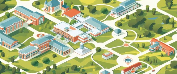 Flat design university campus map simplified buildings geometric pathways modern layout texture grain.