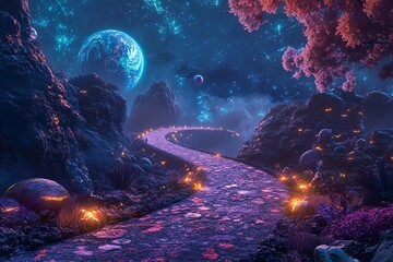 Magical road leads through a cosmic landscape toward distant planets in a starry night sky