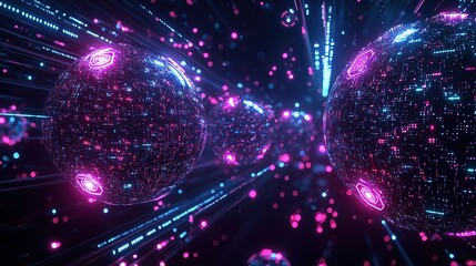 Cyberpunk Quantum Node Cluster Suspended in Neon Data Streams