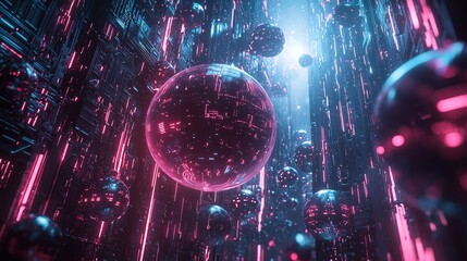 Cyberpunk Quantum Node Cluster Suspended in Neon Data Streams