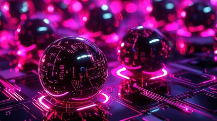 Cyber Neon Data Spheres on Reflective Matrix