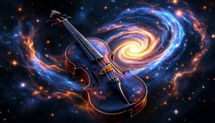 Fototapeta premium Celestial Symphony: A mesmerizing depiction of a violin amidst the radiant expanse of the cosmos, blending musical artistry with the wonders of the universe.