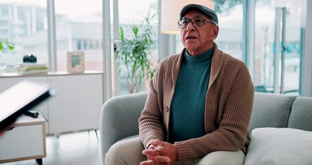 Talking, senior man and therapist with notes on tablet for counseling for mental health in retirement. Patient, people or psychologist with communication and tech for advice or help in consultation