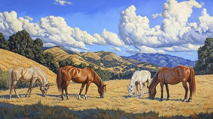 Fototapeta premium Horses grazing in an open field under a blue sky with rolling hills in the distance