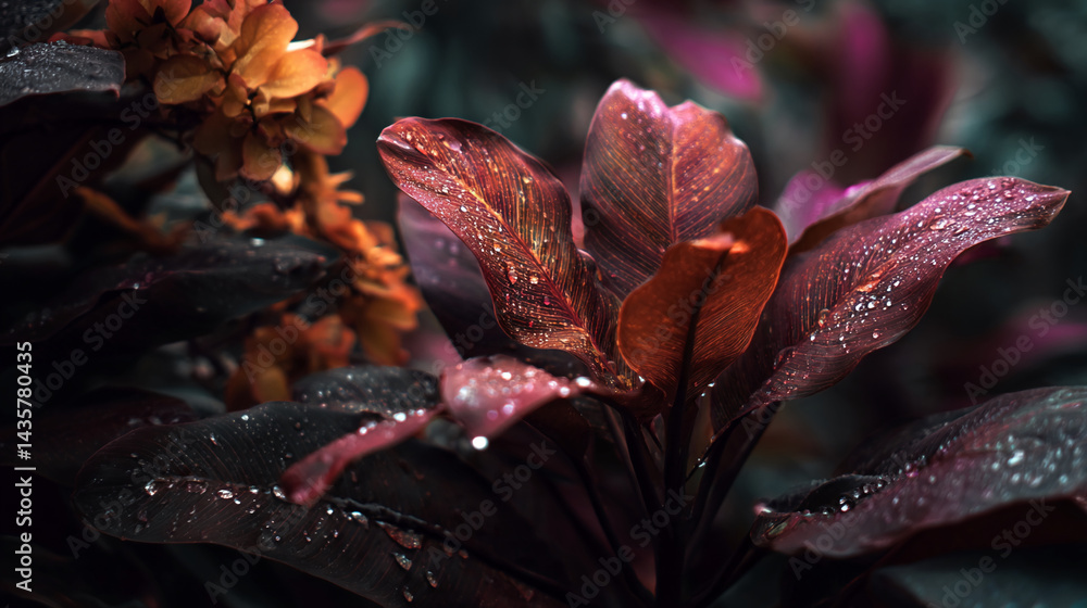 Poster close-up of dark red leaves with water droplets, showcasing intricate leaf texture and vibrant color