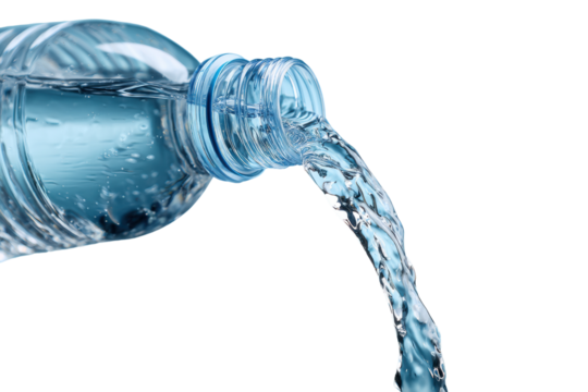 Fresh water pouring from a plastic bottle.