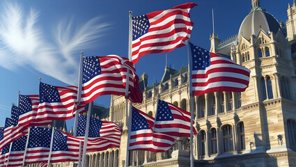 Obraz premium raised American flags against the background of the Parliament in USA 