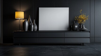 Modern black minimalist display cabinet with blank frame,  yellow accents, dark room