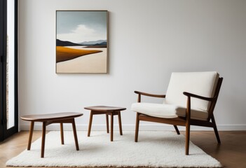 The room has a chair and a table with a painting on the wall