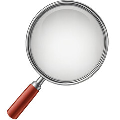 Realistische silberne Lupe mit rotem Holzgriff und gl&auml;nzender Glaslinse auf transparentem Hintergrund