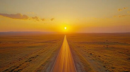 Aerial view of endless highway stretching into horizon under golden sunset, symbolizing boundless opportunities and journey to success. Road trip, travel adventure and freedom concept.