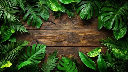 Wood background framed by various tropical leaves