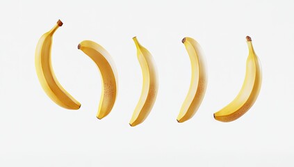Four ripe bananas arranged in a gentle curve against a plain white background.  Each banana is whole, displaying a smooth, yellow skin and a slightly curved shape