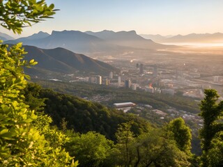 Obraz premium Mountain View Over City and Forest
