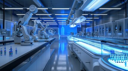 Obraz premium Futuristic pharmaceutical clean room automated vaccine production lines robotic arms handle vials sterile blue lighting watermark.