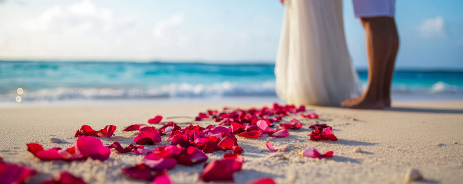 Newlyweds Holding Hands on Beach with Rose Petals