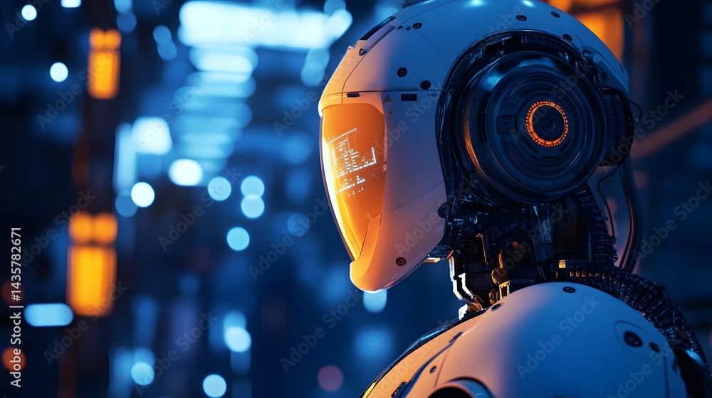 Aufkleber a robot with a face and a helmet is standing in a city. the robot is wearing a white helmet and has 